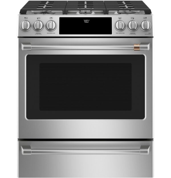 CGS700P4MW2 Cafe 30" Slide-In Convection Gas Range with Front Controls with 6 Sealed Burners - Matte White with Brushed Bronze Handles and Knobs