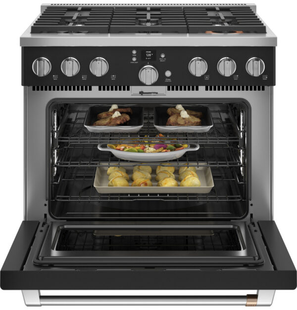 C2Y366P3TD1 Cafe 36" Dual Fuel Commercial Style Range with 6 Burners - Matte Black with Brushed Stainless Steel Handle and Knobs - Image 5