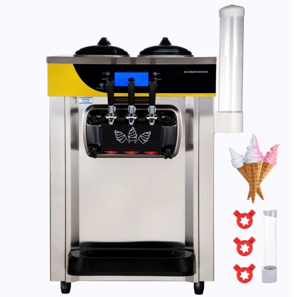 KFFKFF Commercial Ice Cream Maker, 22-30L/H Yield, 2200W Countertop Soft Serve Machine w/ 2x6L Hopper 2L Cylinder LCD Panel Puffing Shortage Alarm, Frozen Yogurt Maker for Restaurant Snack Bar.