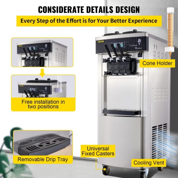 KFFKFF 2200W Commercial Soft Ice Cream Machine 3 Flavors 5.3 to 7.4Gallons per Hour Auto Clean LED Panel Perfect for Restaurants Snack Bar supermarkets 2200W - Image 5