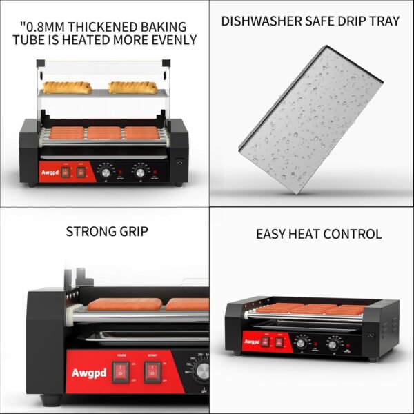 Hot Dog Roller Machine, 12 Hot Dog and 5 Non-Stick Roller, Sausage Grill Cooker Machine with Glass Cover, Drip Tray, Dual Temperature Control for Commercial and Household Use (5 Rollers+Cover) - Image 4