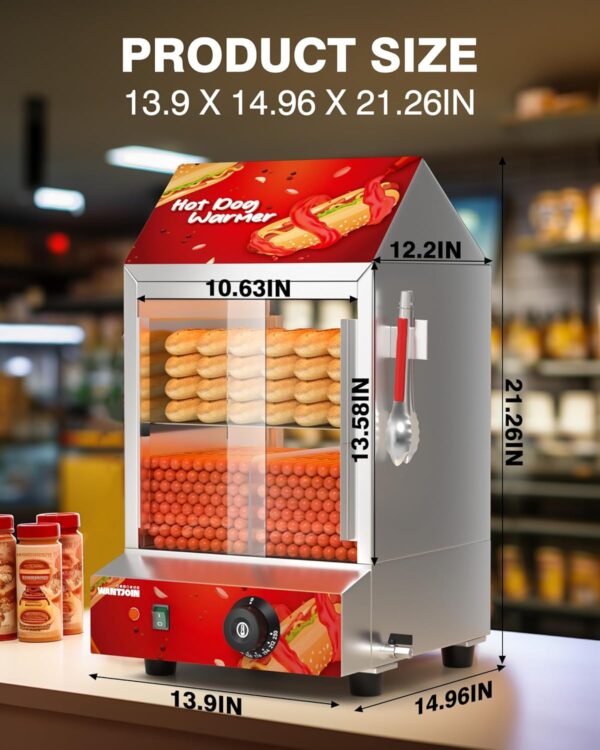 Hot Dog Steamer - 2 Tiers Electric Hot Dog Steamer with Bun Warmer 27 L/24.52 QT, Visuable Glass Slide Doors Suit for 175 Hot Dogs and 40 Buns - Image 7