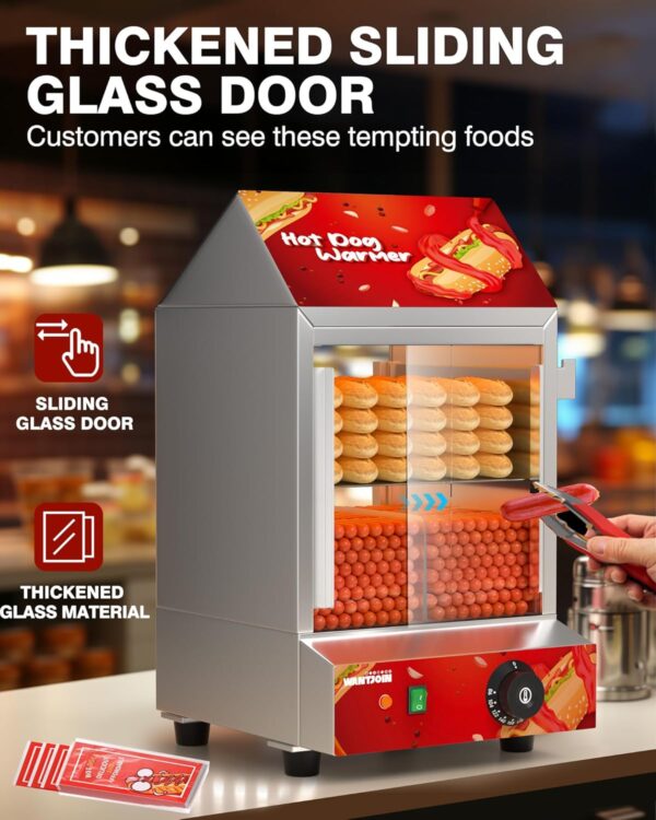 Hot Dog Steamer - 2 Tiers Electric Hot Dog Steamer with Bun Warmer 27 L/24.52 QT, Visuable Glass Slide Doors Suit for 175 Hot Dogs and 40 Buns - Image 5