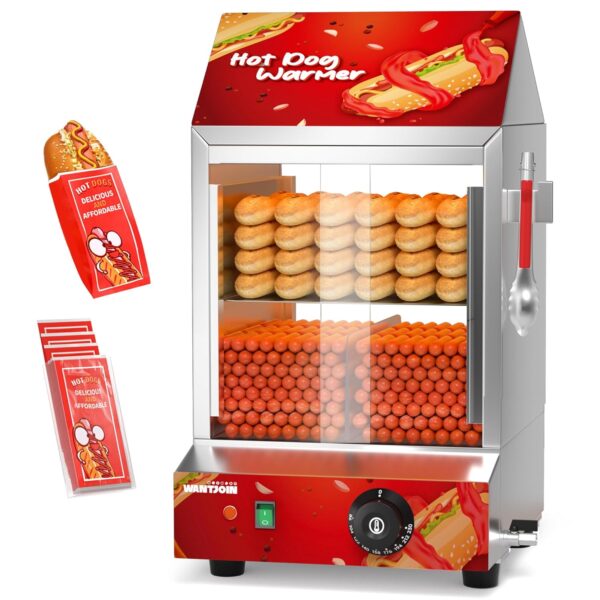 Hot Dog Steamer - 2 Tiers Electric Hot Dog Steamer with Bun Warmer 27 L/24.52 QT, Visuable Glass Slide Doors Suit for 175 Hot Dogs and 40 Buns