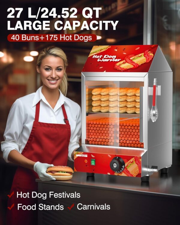 Hot Dog Steamer - 2 Tiers Electric Hot Dog Steamer with Bun Warmer 27 L/24.52 QT, Visuable Glass Slide Doors Suit for 175 Hot Dogs and 40 Buns - Image 3