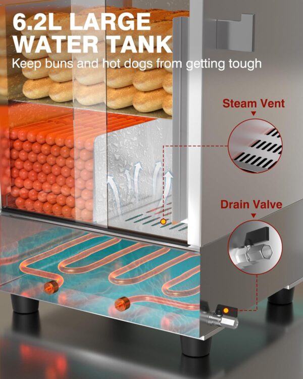 Hot Dog Steamer - 2 Tiers Electric Hot Dog Steamer with Bun Warmer 27 L/24.52 QT, Visuable Glass Slide Doors Suit for 175 Hot Dogs and 40 Buns - Image 4