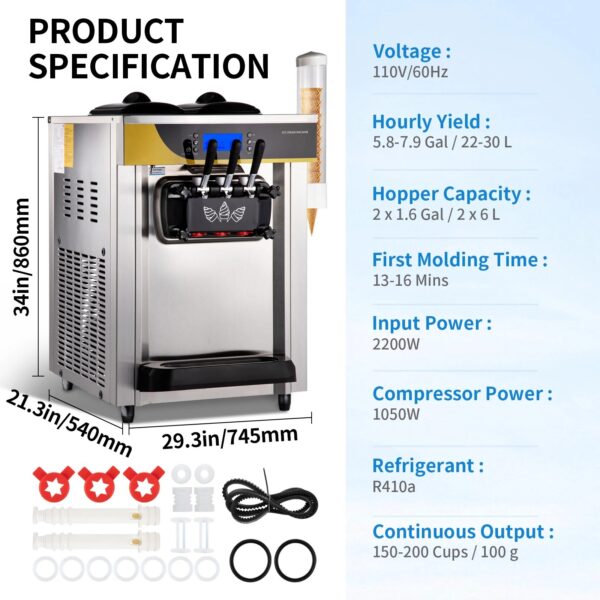 KFFKFF Commercial Ice Cream Maker, 22-30L/H Yield, 2200W Countertop Soft Serve Machine w/ 2x6L Hopper 2L Cylinder LCD Panel Puffing Shortage Alarm, Frozen Yogurt Maker for Restaurant Snack Bar. - Image 4