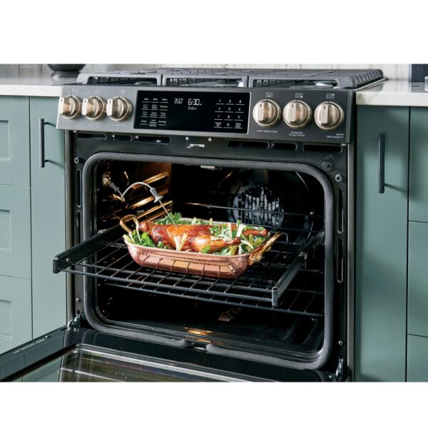 CGS700P4MW2 Cafe 30" Slide-In Convection Gas Range with Front Controls with 6 Sealed Burners - Matte White with Brushed Bronze Handles and Knobs - Image 3