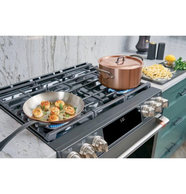 CGS700P4MW2 Cafe 30" Slide-In Convection Gas Range with Front Controls with 6 Sealed Burners - Matte White with Brushed Bronze Handles and Knobs - Image 2