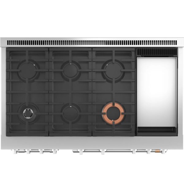 C2Y486P4TW2 Cafe 48" Dual-Fuel Range with 6 Burners and Griddle - Matte White with Brushed Bronze Handles and Knobs - Image 7