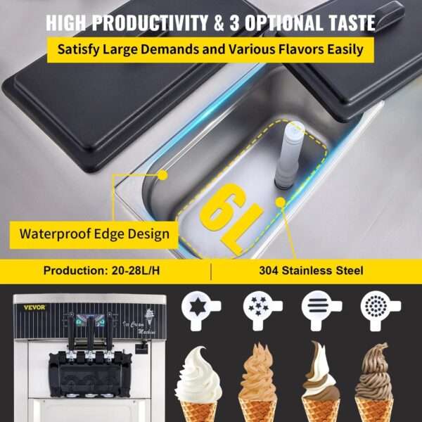 KFFKFF 2200W Commercial Soft Ice Cream Machine 3 Flavors 5.3 to 7.4Gallons per Hour Auto Clean LED Panel Perfect for Restaurants Snack Bar supermarkets 2200W - Image 8