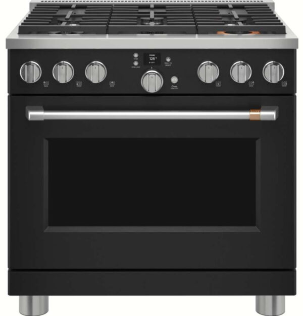 C2Y366P3TD1 Cafe 36" Dual Fuel Commercial Style Range with 6 Burners - Matte Black with Brushed Stainless Steel Handle and Knobs