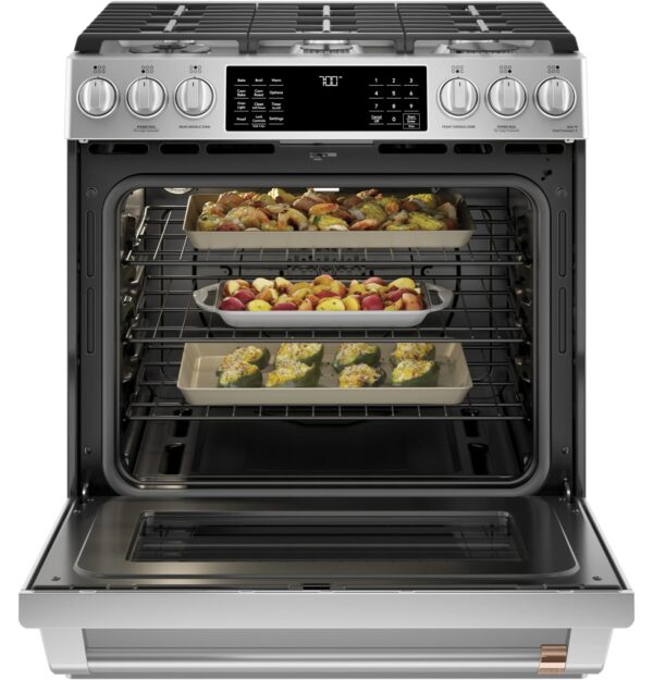 CGS700P4MW2 Cafe 30" Slide-In Convection Gas Range with Front Controls with 6 Sealed Burners - Matte White with Brushed Bronze Handles and Knobs - Image 9