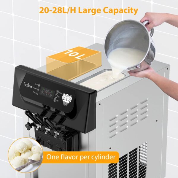 2200W Commercial Ice Cream Machine, 2+1 Flavors Soft Serve Ice Cream Maker, 5.3 to 7.4Gal per Hour Countertop Ice Cream Machine for Home Snack Bar, Auto Clean - Image 21
