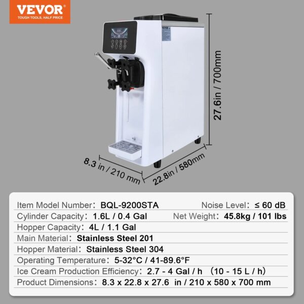 VEVOR Commercial Ice Cream Maker Single Flavor 10-15.2L /2.7-4Gal Per Hour Soft-Serve Ice Cream Machine with LCD Panel, Stainless Steel - Image 11