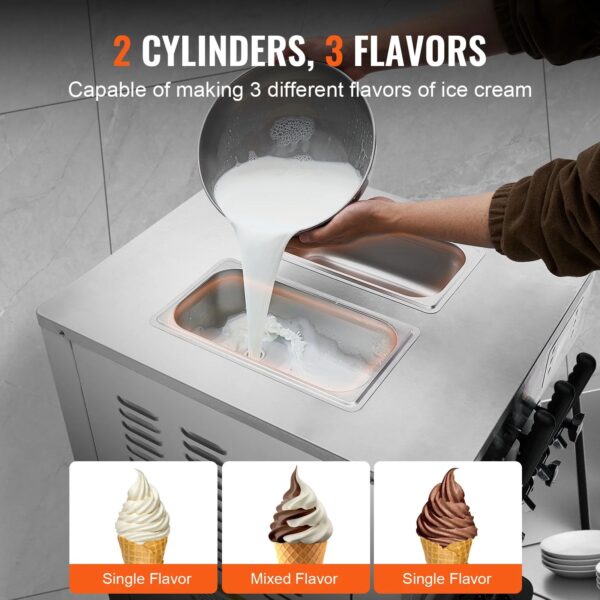 VEVOR Commercial Ice Cream Maker,21-31 L/H Yield,2+1 Flavors Soft Serve Machine with Two 7L Hoppers 1.8L Cylinders Puffing Pre-Cooling Shortage Alarm, Frozen Yogurt Maker for Snack Bar - Image 10