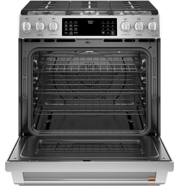 CGS700P4MW2 Cafe 30" Slide-In Convection Gas Range with Front Controls with 6 Sealed Burners - Matte White with Brushed Bronze Handles and Knobs - Image 8